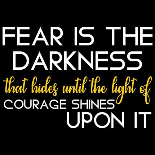 A black background with white lettering that reads " fear is the darkness that hides until the light of courage shines upon it ".