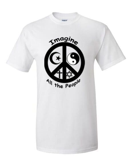 A white t-shirt with the words imagine all the people in peace.